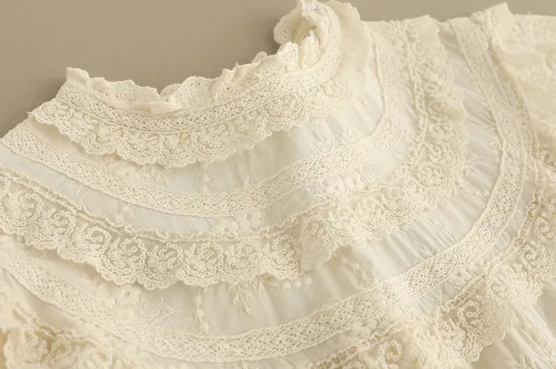 Vintage Embroidery Hollow Out Cotton Linen Dress Women Spring Mori Girl Lace Ruffled Casual Long Sleeve Loose Pullover Vestidos