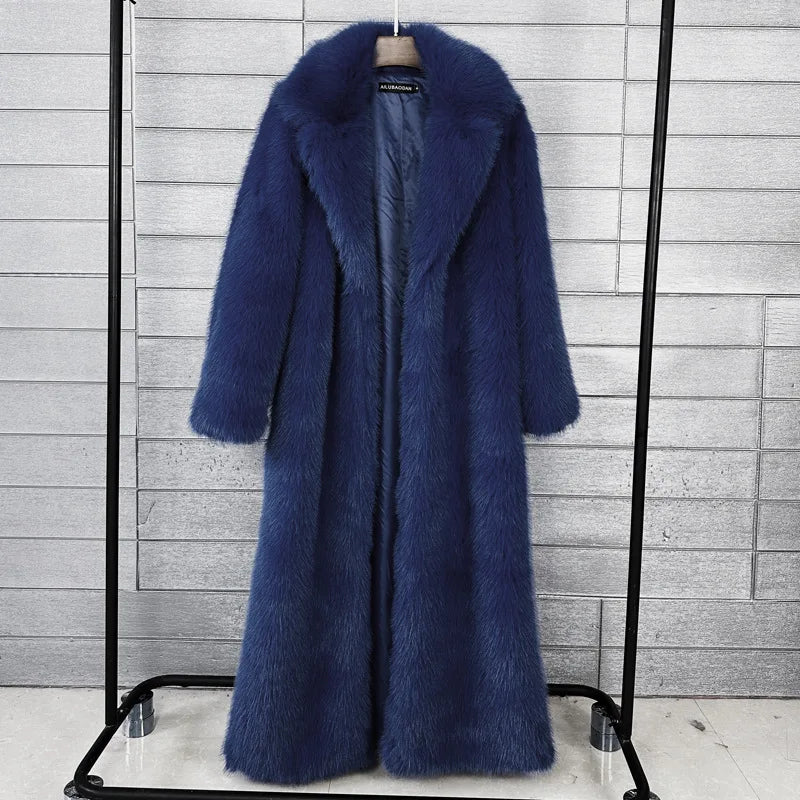 Long Faux Fur Coat Women Autumn Winter Large Jacket Overcoat White Turn Down Collar Pockets Thick Coat Warm Jackets Maxi Coats