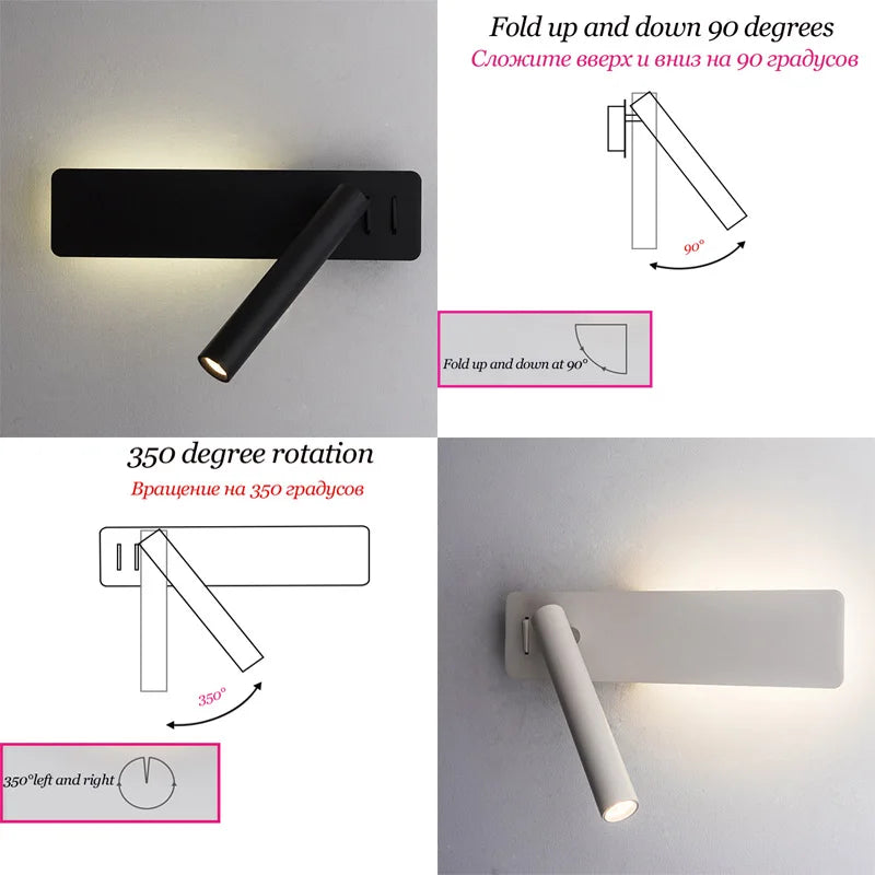 LED Wall Reading Lamp for Bedroom Hotel Minimalist Night Book Lamp Rotatable Bedside Sconce 3W Spotlight Home Lighting Fixture