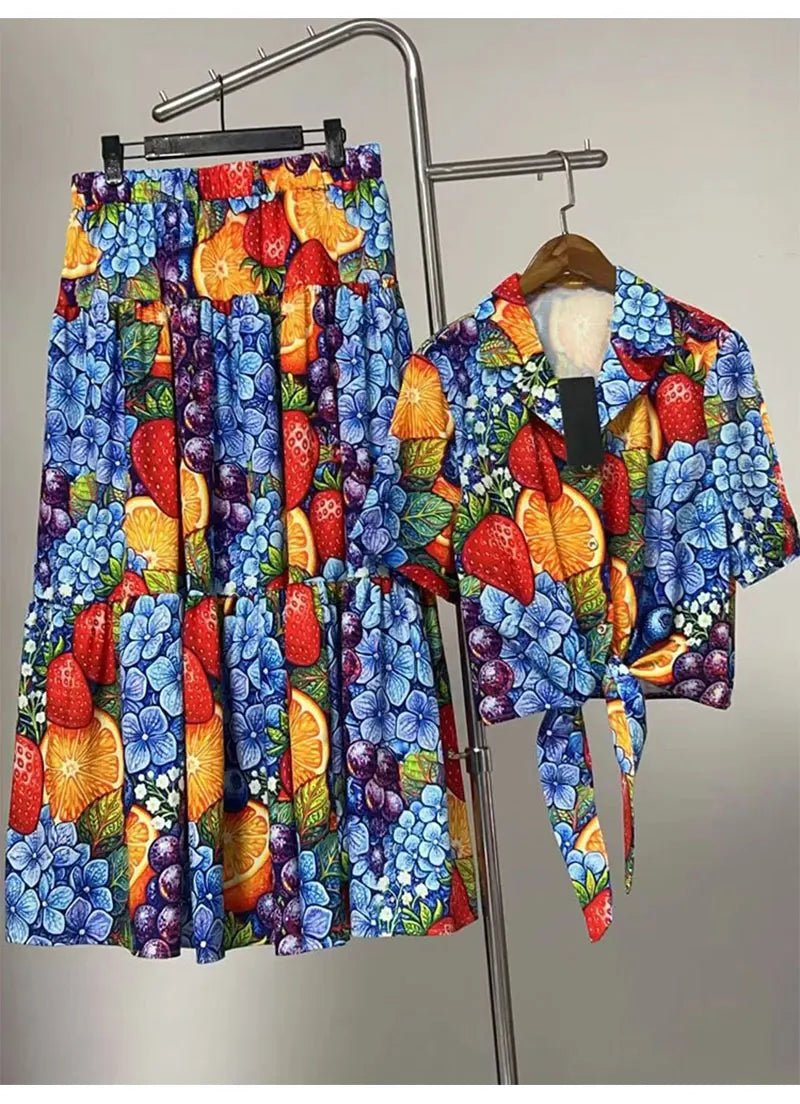 Retro Summer Women's New Two-Piece Lapel Single-Breasted Hem with Strapless Short Shirt + Elastic Waist A-Shaped Fashion Suit