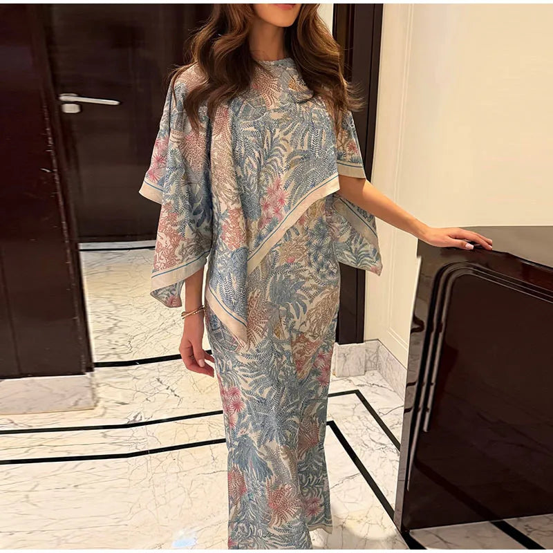Women Floral Dress With Attached Shawl Cape Overlay Waisted Bodycon Maxi Dresses Fashion Elegant Commute 2026 Summer Autumn Gown