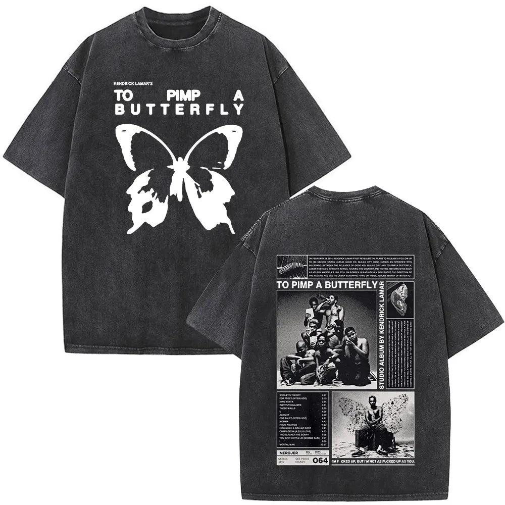 Kendrick Lamar To Pimp A Butterfly Graphic Vintage Washed T-shirts Men Fashion Hip Hop Retro Short Sleeve T Shirt Streetwear