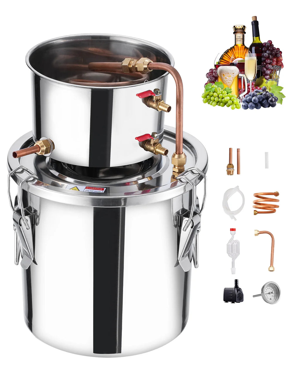 SucceBuy Alcohol Still 3 -8 Gallon  Stainless Steel Water Alcohol Distiller with Copper Coil  Brewing Refining Fermentation Kit