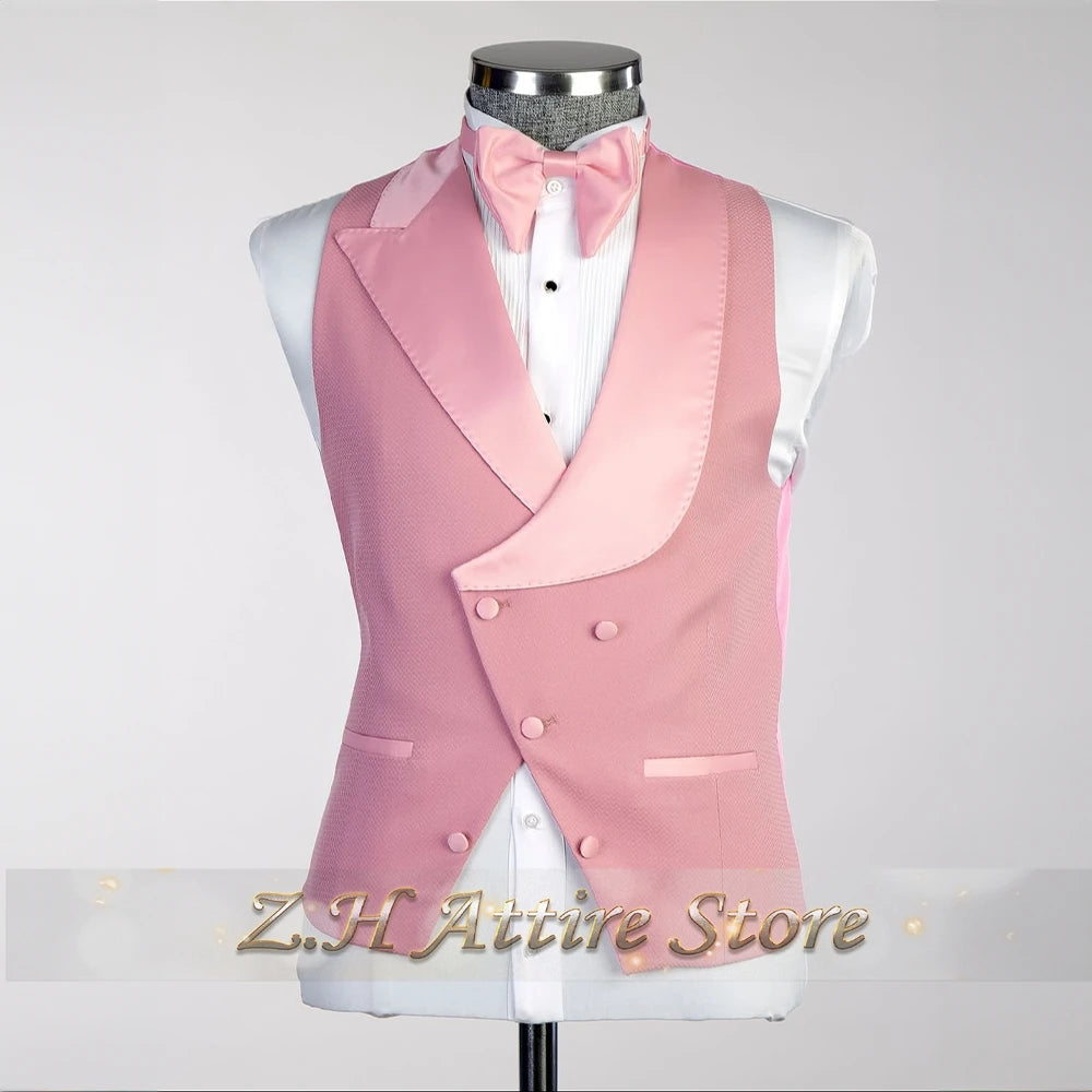 Elegant Pink Men's 3pcs Suit Spliced Satin Lapel Jacket Vest Pants Custom-Made Set for Wedding Groom Cocktail Birthday Party