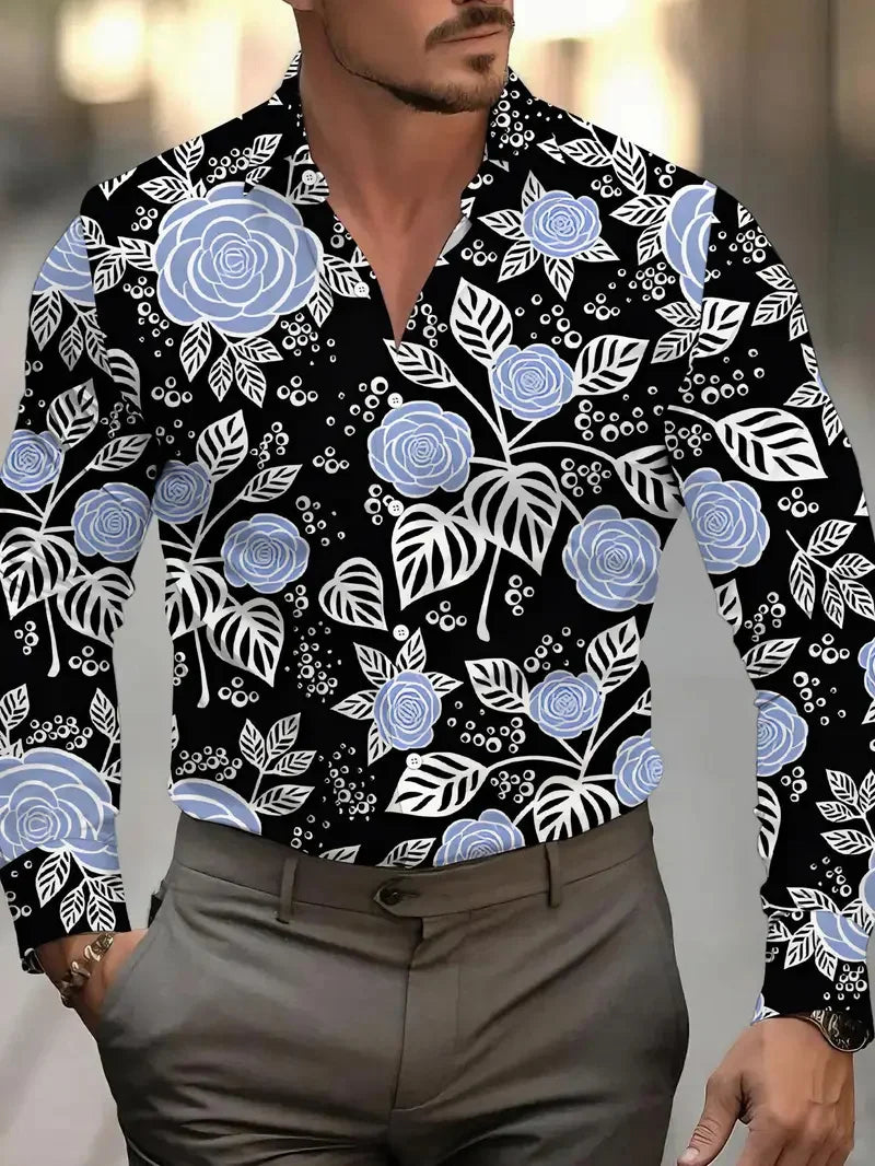Hawaiian Men's Long Sleeve Shirt Folding Shirt Striped Pattern Digital Flower Print Fashion Casual Party Street