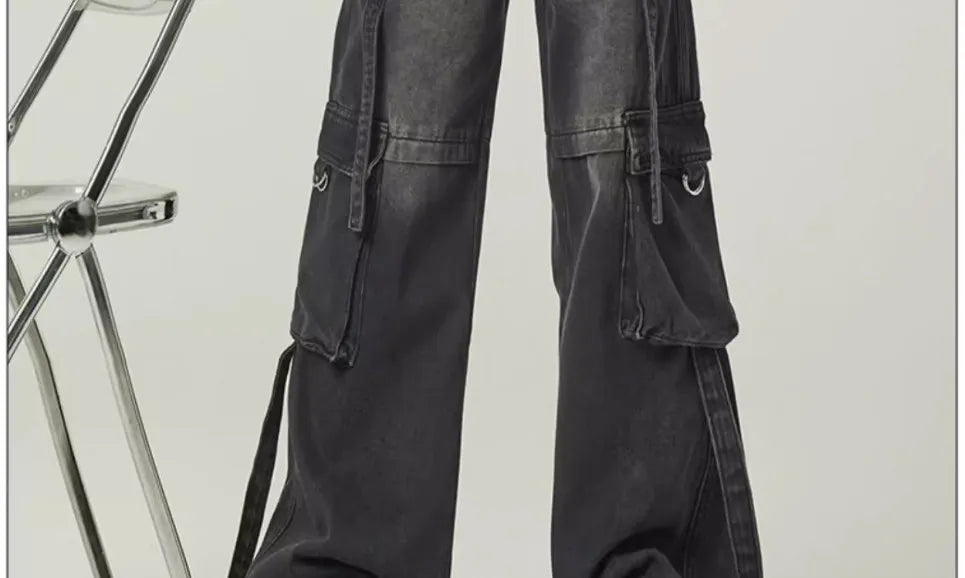 Black Gray Multi Pocket Cargo Jeans Women's Y2K Gothic Baggy Harajuku Oversize Denim Trousers Washed Straight Leg Wide Leg Pants