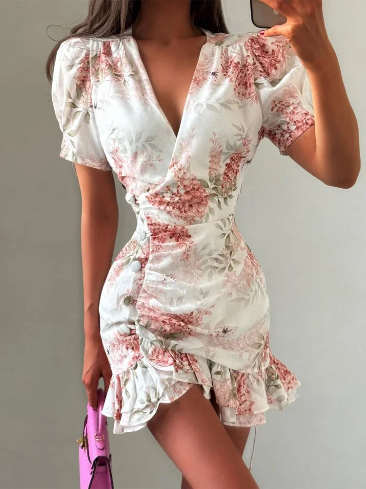 Women Sexy Flora Painted Ruffle Slim Dress Chic Deep V-neck Double Layered Ruffled Hem Dresses Lady New Daily Party Gowns