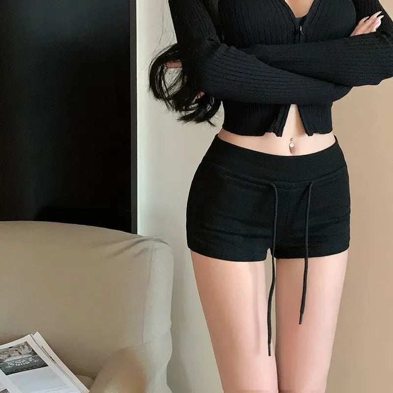 1pcs Spring Summer Women Slim Fit  Elasticity Short Female Low Waist Workout Shorts Black Lady Casual Drawstring Tight Hot Pant