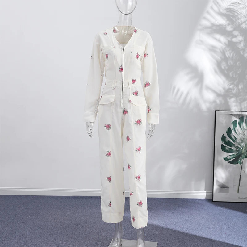 Printed Lace PatchWork Women's Jumpsuit V Neck Long Sleeves Jumpsuits Slim Fit Jumpsuit for Lady 2026 Summer Club Tops