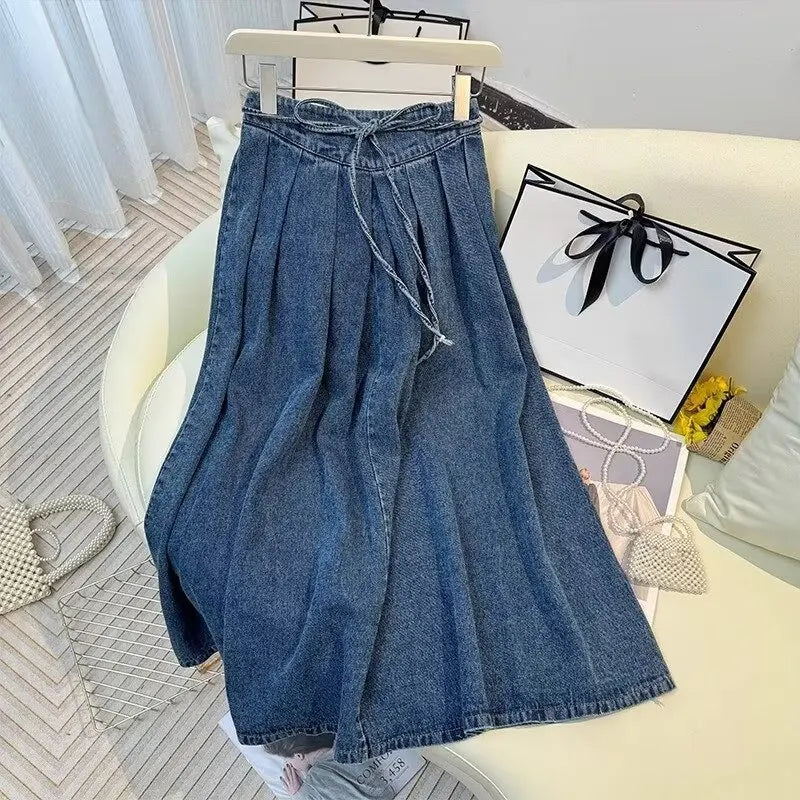 Denim Skirts Women Mid Length Skirt A Line High Waist Slim Fit Pleated Casual Elegant Splice Y2k Streetwear Work 2026 Spring