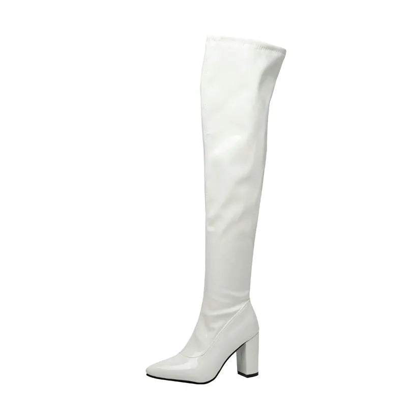 New Red Thigh High Women Boots Side Zip Pointed Toe Winter Shoes Elastic Patent Leather Over-the-Knee Boots Plus Size 44 45 46