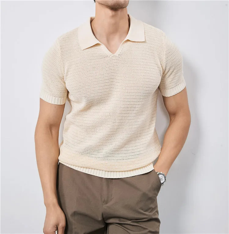 Summer Clothing Men Luxury Knitted Skinny Polo Shirt Men Korean Breathable V Neck Polo Shirts Short Sleeve Knitwear Tops Tees