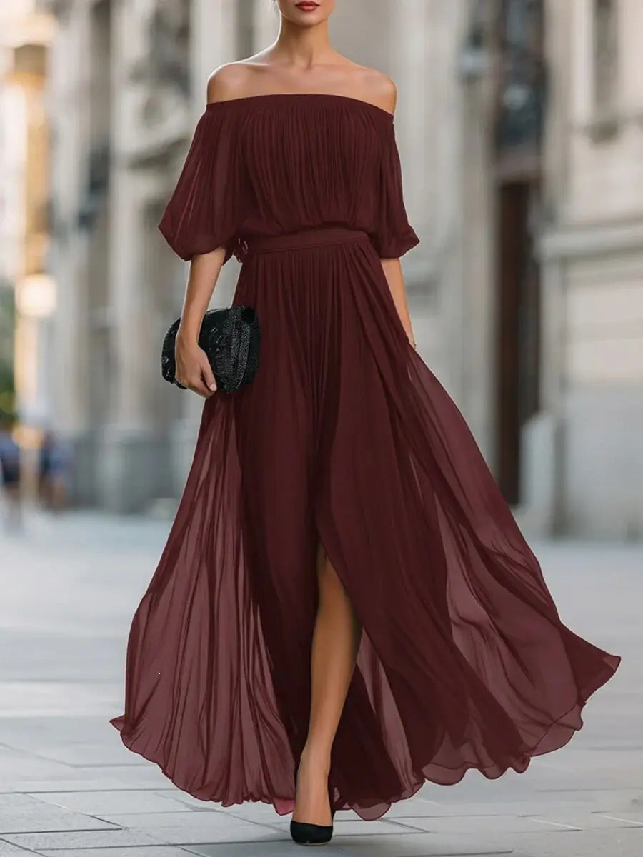 Elegant Women's Long Dress Off-the-shoulder Chiffon Evening Dress Sexy Ruched Slit Flowing Skirt Fashionable Party Holiday Dress