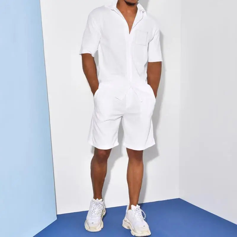 2026 Men's Summer Solid Casual Sets Comfy Cotton Linen Short Sleeve Lapel Shirt and Shorts Two Piece Sets Men Loose Sport Outfit