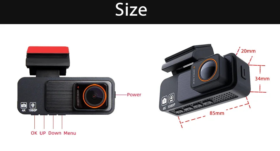 Dash Cam Dual Lens 4K UHD Recording Car DVR GPS WDR Night Vision Video Recorder Wi-Fi Room Black Box 1080P Rear View Camera