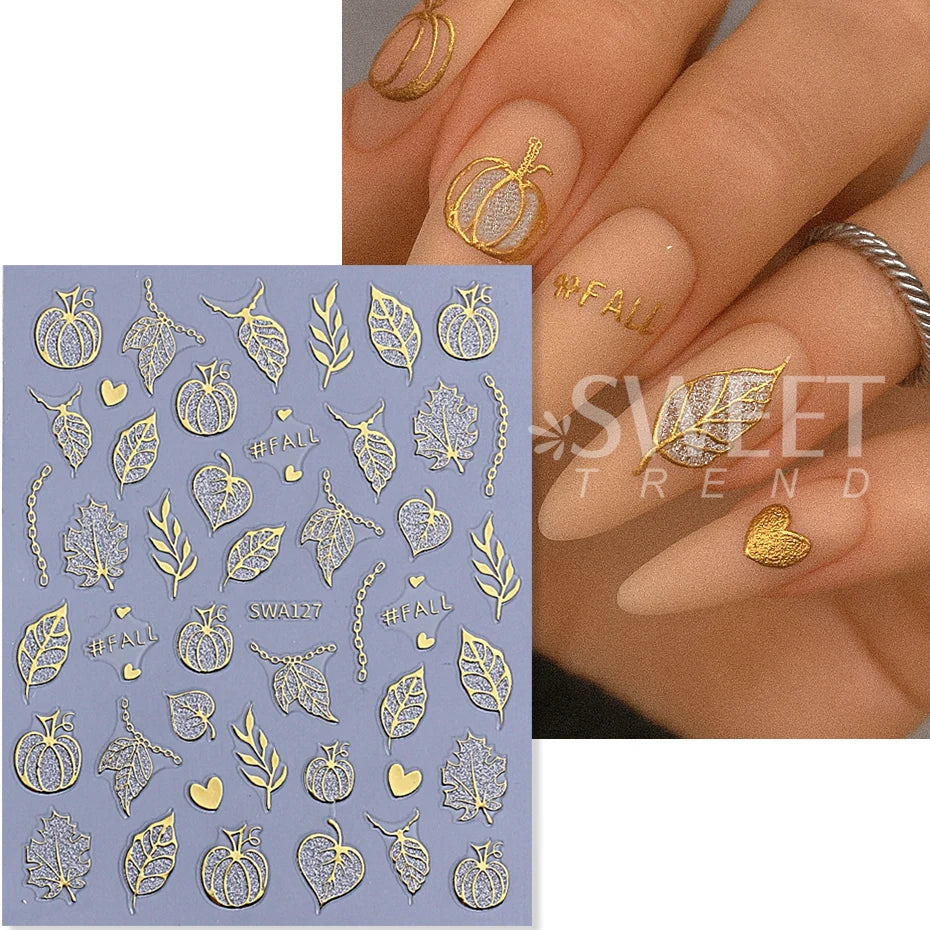 2pcs Glitter Pumpkin Nail Art Stickers Autumn Shiny Fall Leaves Designs 3D Self Adhesive Nail Decals DIY Manicure Decoration