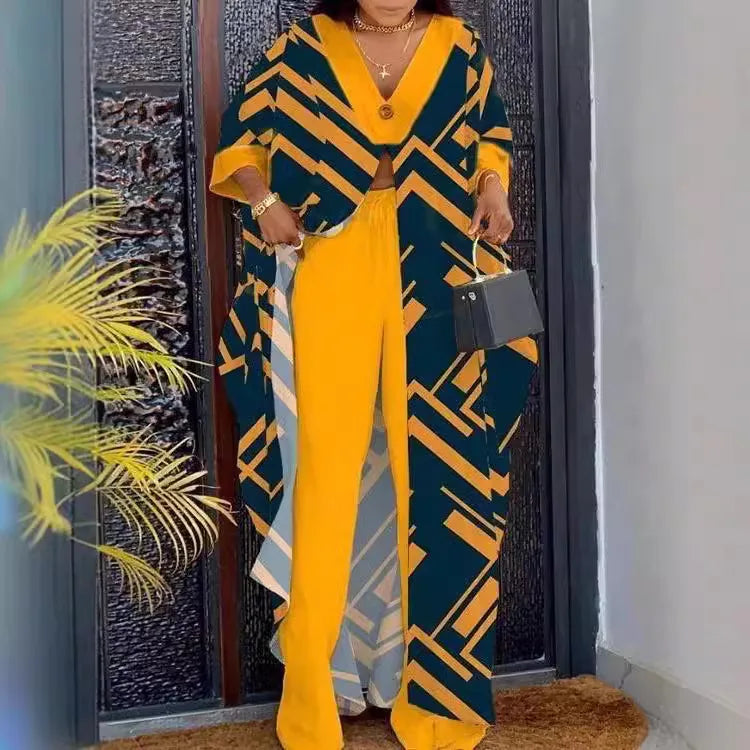 2 Piece Sets Women Print Suit Top Long Robe Wide Leg Pants Outfits Elastic Waist Lace Up Button V Neck Ensemble 2025 Office Lady