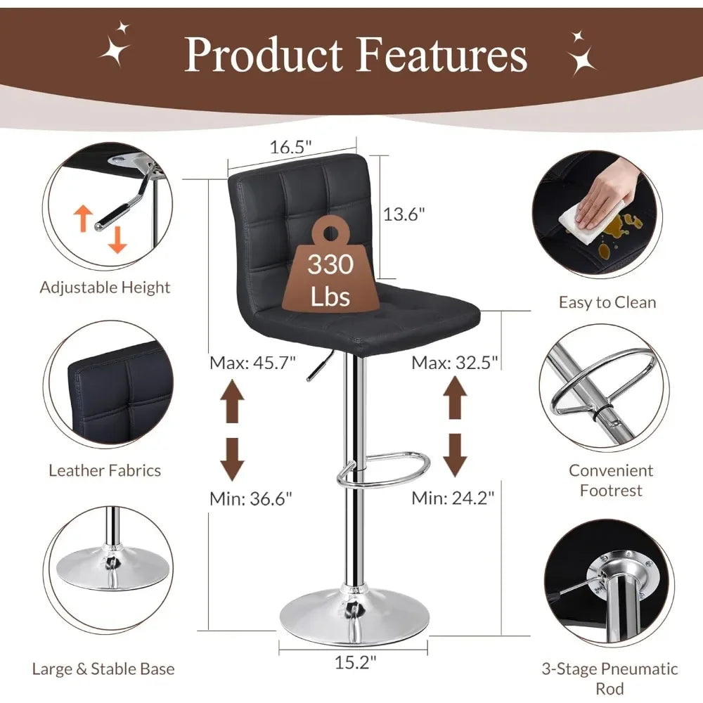 Set of 4 Adjustable Swivel Barstools, Modern PU Leather Kitchen Counter Bar Stools, Square Back Bar Stool Customized