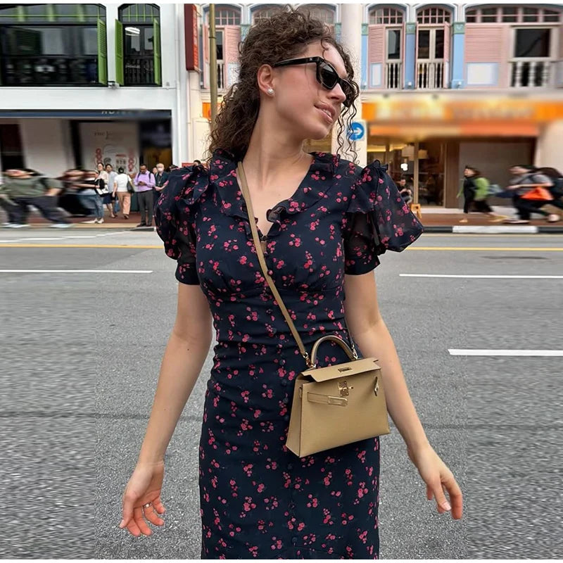 Elegant Printed Lace Trim V-Neck Dress Women Puff Sleeve Ruffled Hem Slit Maxi Dresses 2026 Summer New Lady Fashion Evening Wear