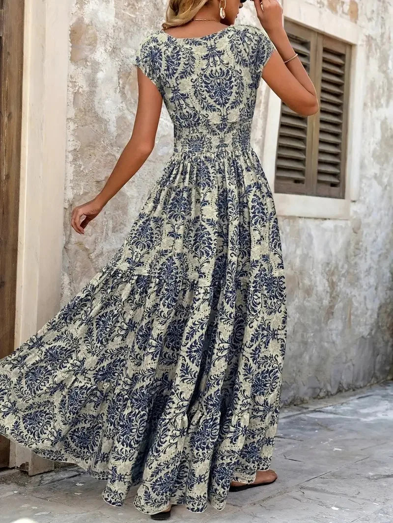 Women's Summer Retro Fashion Floral Printed Sexy V-neck Short Sleeve High Waist Medium Length Bohemian Loose Holidays Dresses