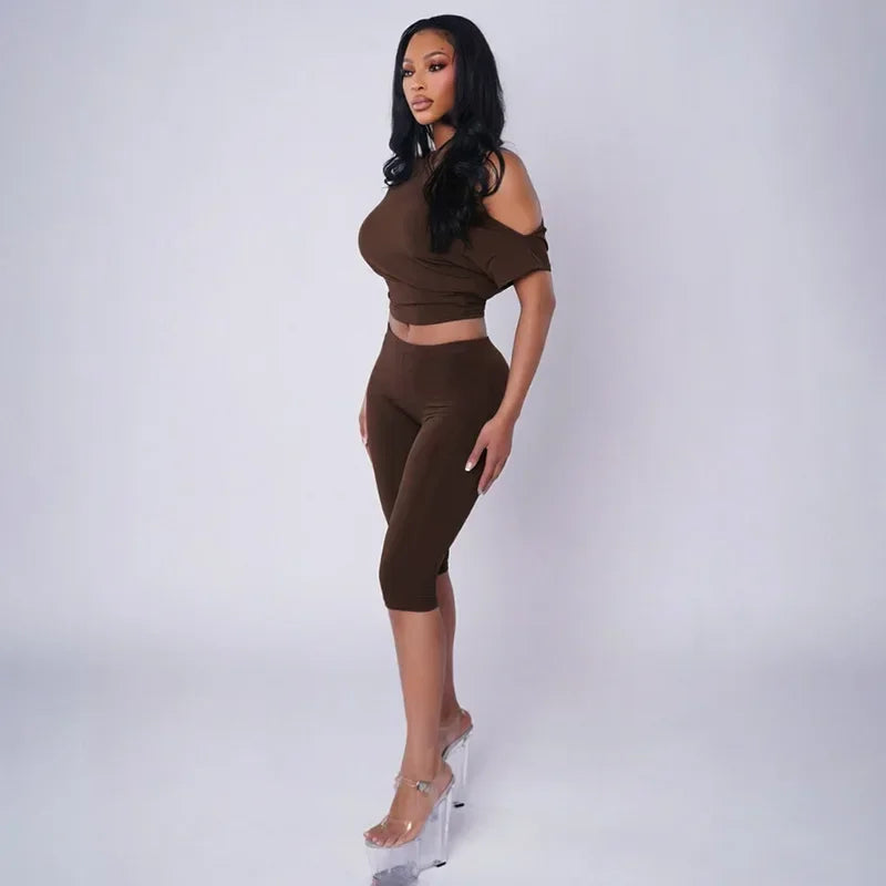 One Shoulder Solid 2 Piece Set Women Summer Short Sleeve Crop Top Shirt Pant Matching Sets Beach Vacation Outfit Streetwear Gift