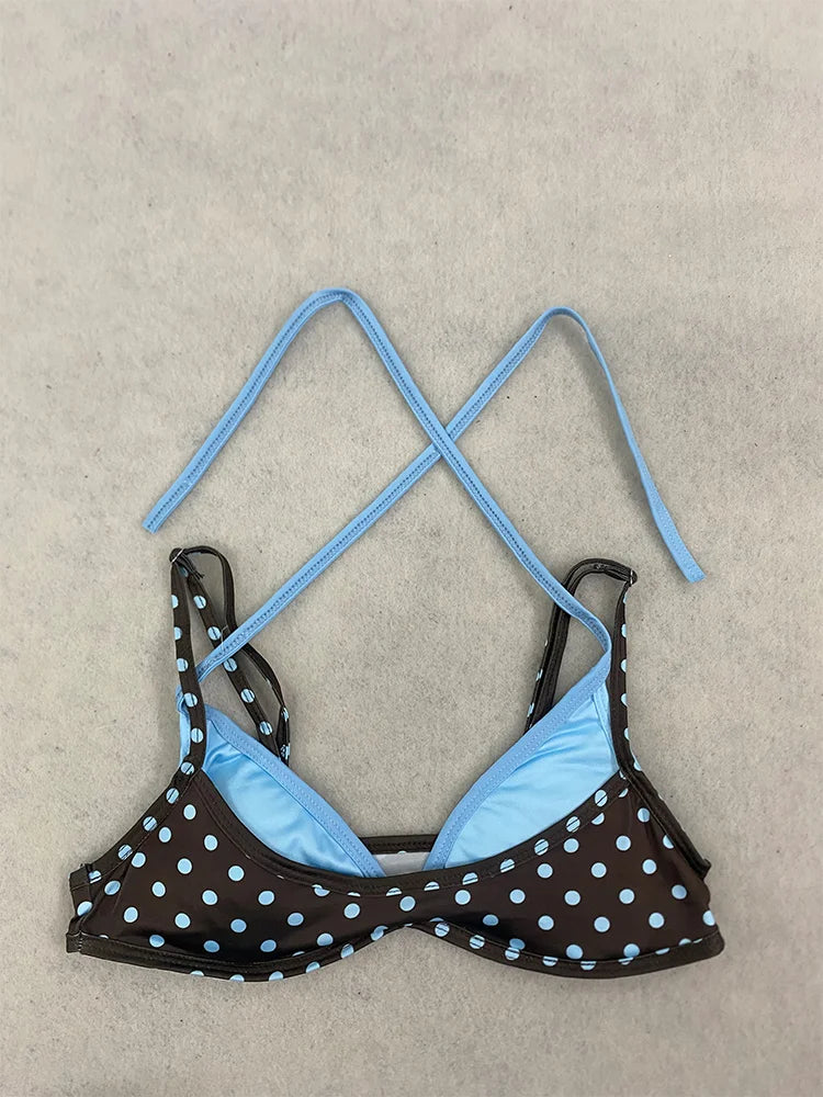 2026 Summer Polka Dot Bikini Set Women's Blue Contrasting sexy Spicy Girl Retro Polka Dot Vacation Swimsuit Lace up Split Swimsu