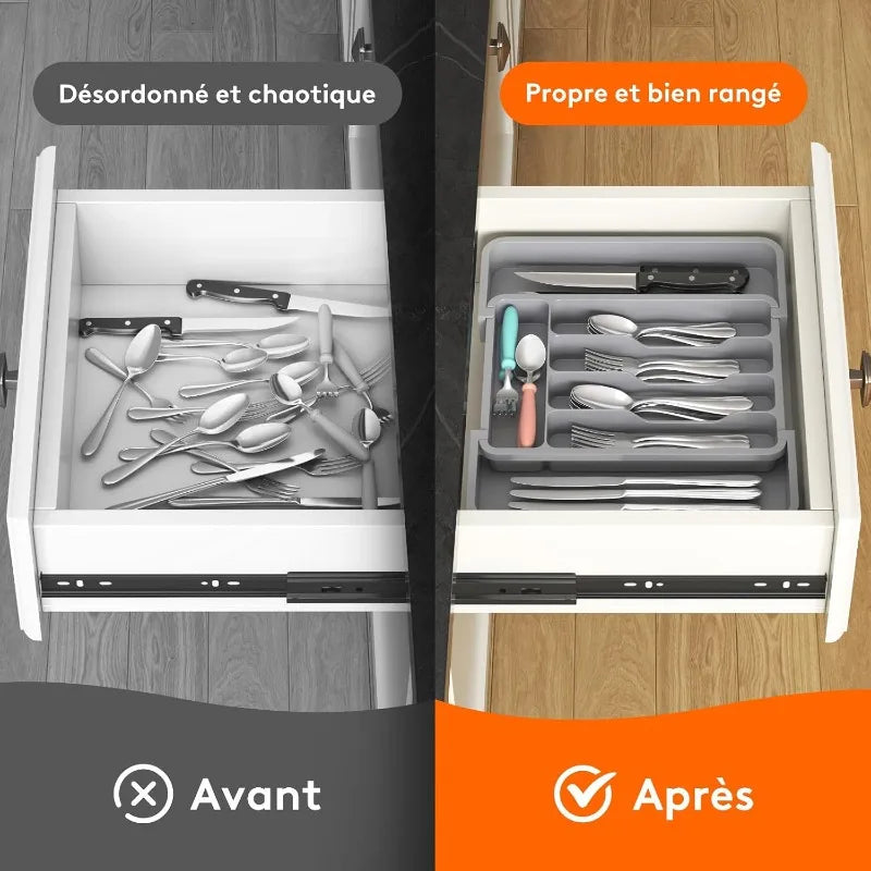 4 Grid Expandable Kitchen Drawer Organizer Adjustable Retractable Cutlery Storage Box with Divider for Utensils,Drawer Organizer