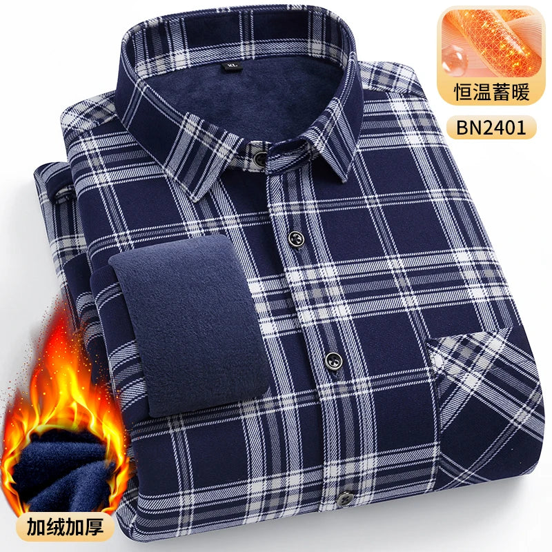 Men's Warm Long-Sleeved Shirt with Double-Sided Fleece, Winter Casual, Cold-Resistant, Street Fashion, Comfortable and Versatile