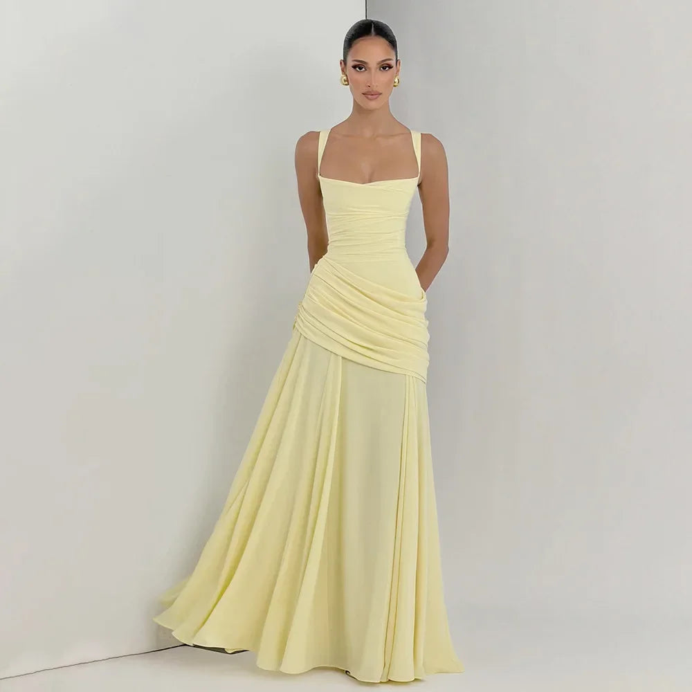 Elegant Solid Pleated Sling Dress Women Sexy Square Neck Sleeveless High Waist Slim Maxi Dresses 2026 Lady Party Evening Robe