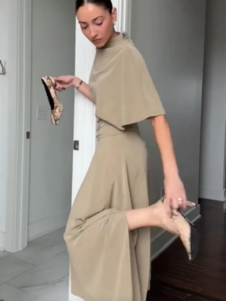 Fashion Elegant Casual Top Skirt Sets High Neck Loose Crop Shirt Irregular Pleated Hem Long Skirt 2026 New Lady Commuter Outfits