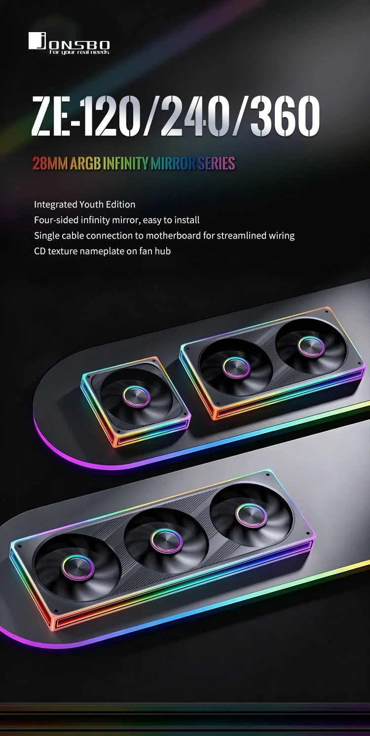 JONSBO ZE-120/240/360 120mm ARGB Case Fan, Infinity Mirror RGB, PWM Fan, MB Sync, Aluminum CD Pattern Hub Badge