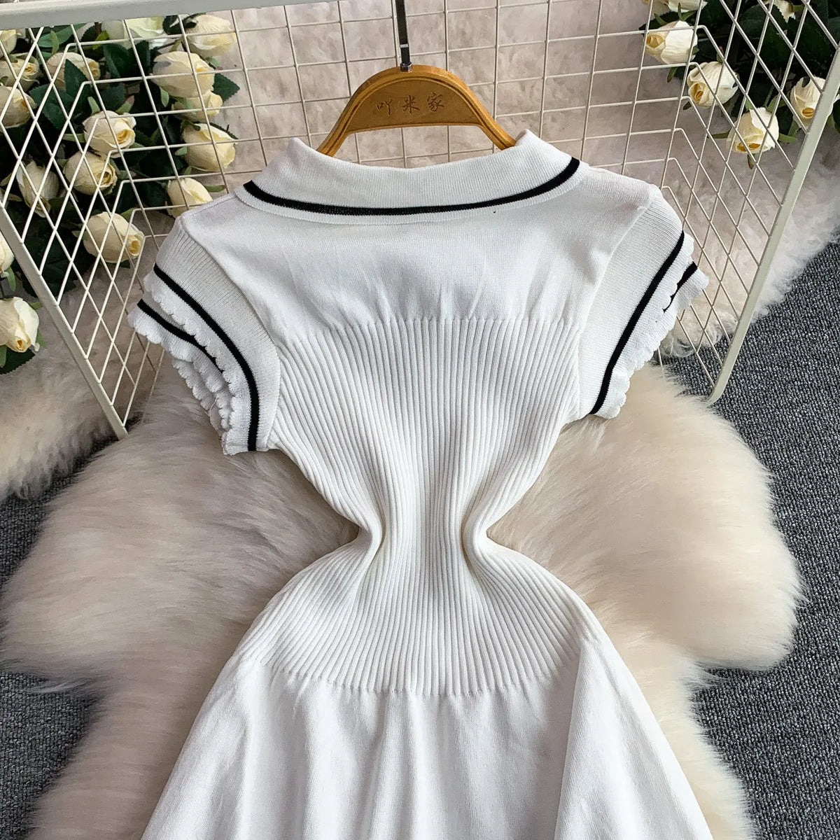 Summer Women Sweet Strechy Sundress Turndown Collar Short Sleeve Knitted Dress Lace Up Bow High Waist A-line Mini Dress