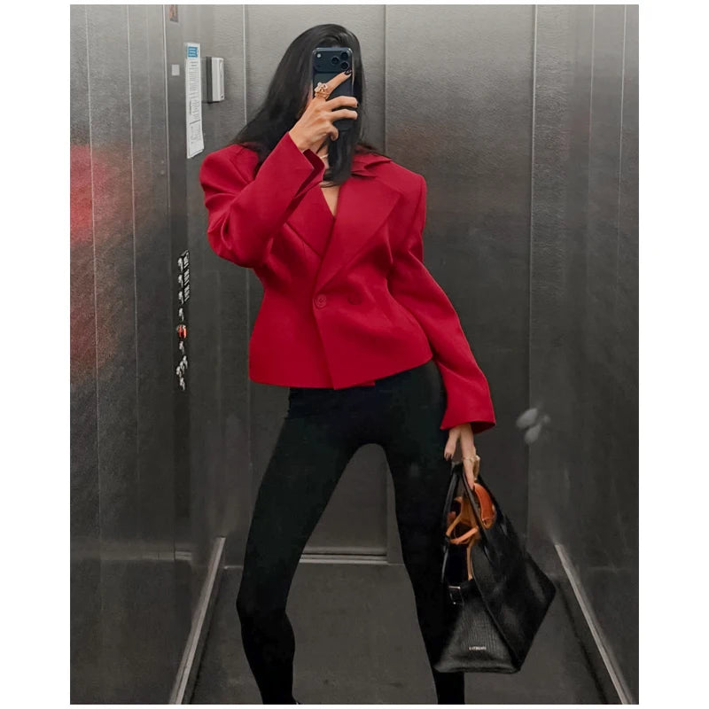 Dark Burgundy Waist-Cinching Shoulder Pad Blazer 2026 Women's Stand Collar Button Design Height-Enhancing Slimming Commute Coat