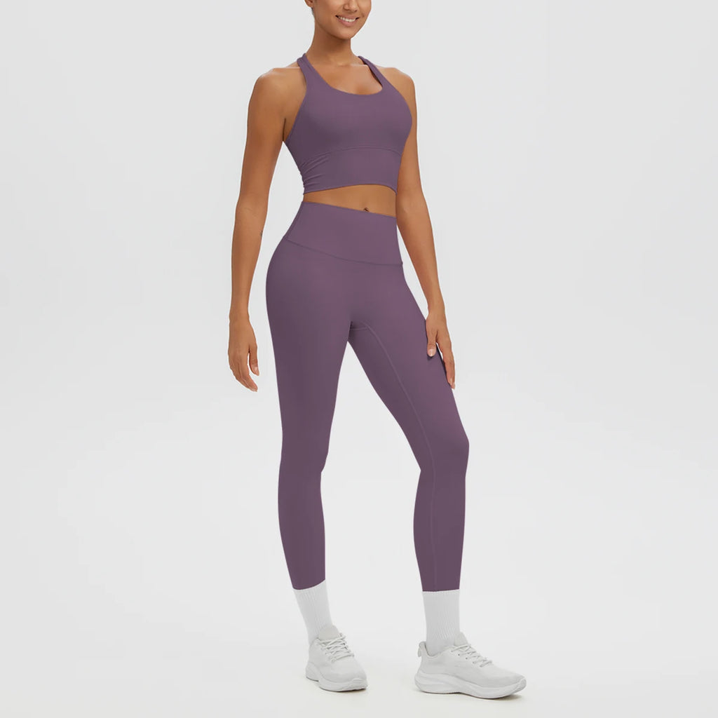 2PCS/set Gym Sports Yoga Suit for Women's Solid Color High Stretch Quick Drying Legging Yoga Pants Gather I-shaped Vest Yoga Set