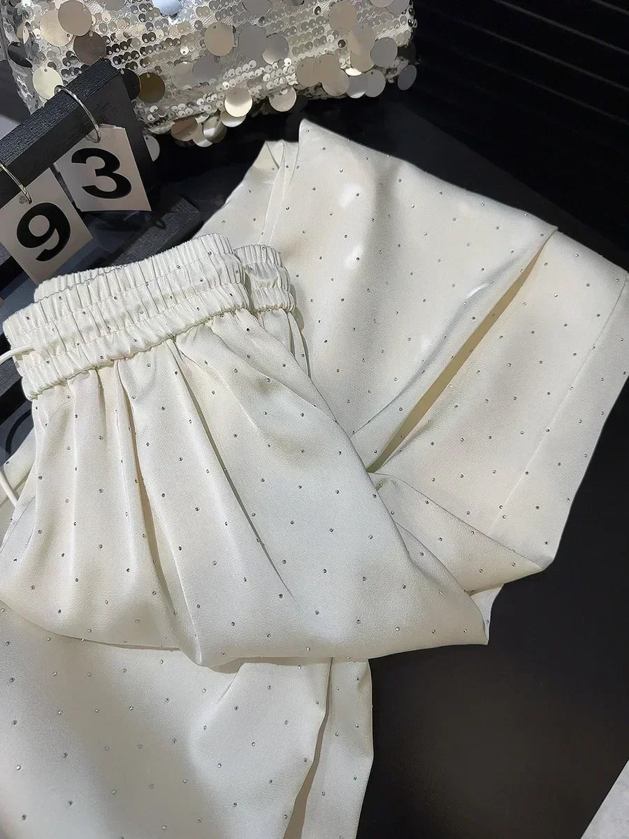 2026 High Quality Luxury Full Rhinestone Wide Leg Pants Fashion New Drawstring High Waist Straight Pants Ladies Casual Trousers