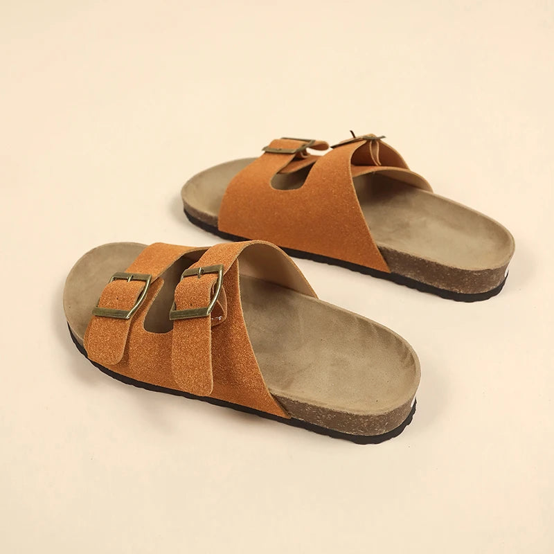Women's Flat Outdoor Beach Casual Slippers Man Sliders Thick Sole Leather Cork Sole Sandals and Slippers