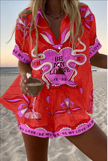 Fashion Print Beach Holiday 2-Piece Set Women Summer Short Sleeve Shirt Top + Wide Legs Short Women's Oversized Two-Piece Outfit