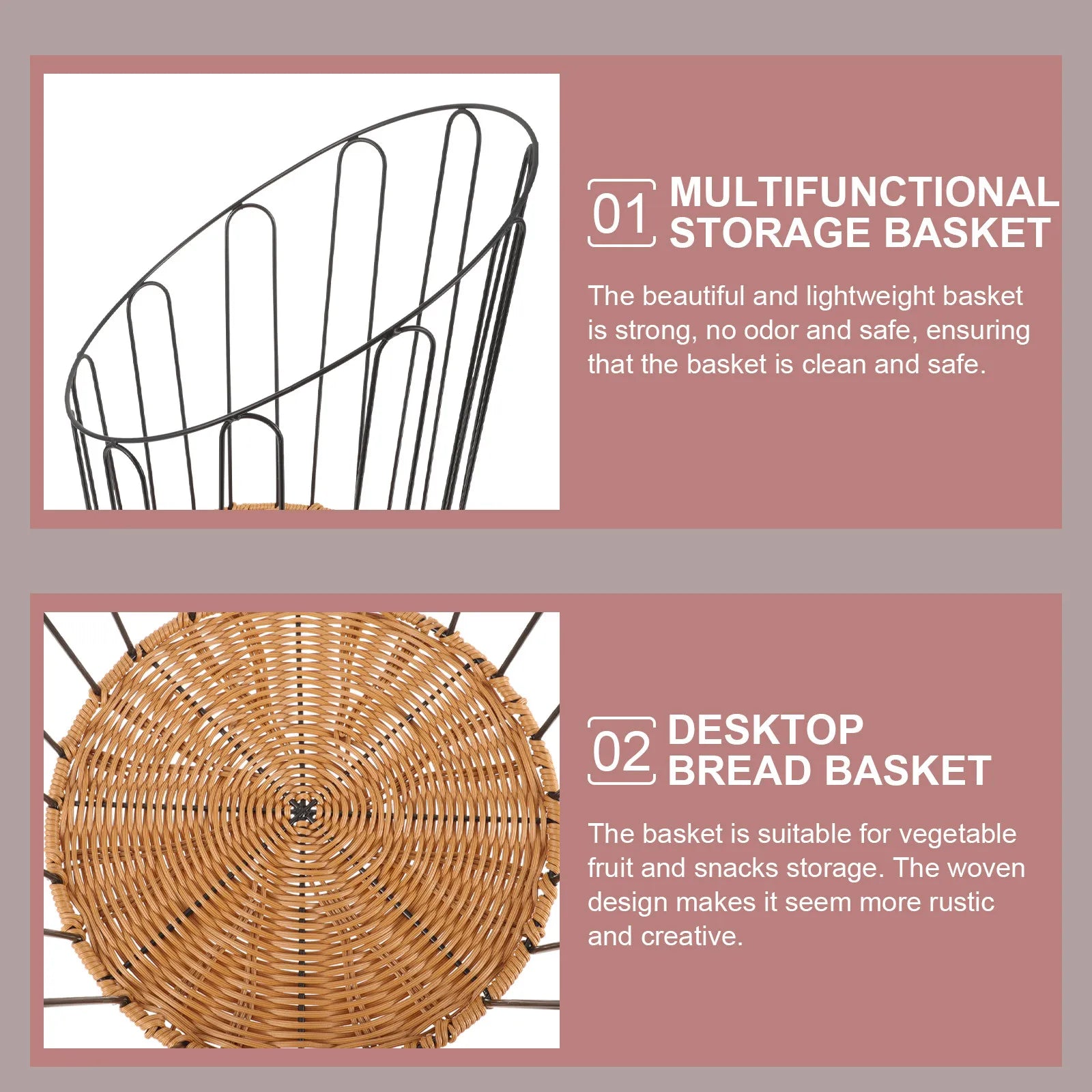 Bread Storage Basket Iron Frame Woven Rustic Hollow Bread Basket for Kitchen Countertop Serving Fruit Snacks Storage