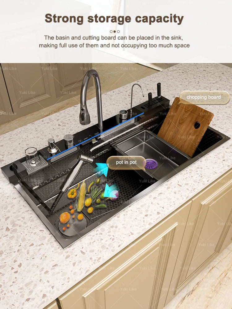 Stainless Steel Golden Kitchen Sink Multifunctional Waterfall Outlet Single Slot Piano Button Digital Display