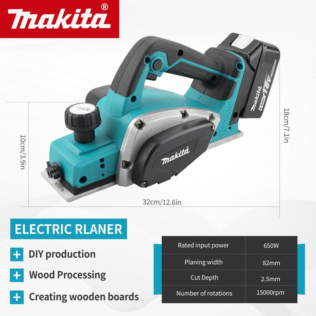 NEW 2026 Makita Electric Planer 82mm Planing Width 650W Power 15000RPM 2.5mm Cutting Depth Ergonomic Grip for DIY Woodworking