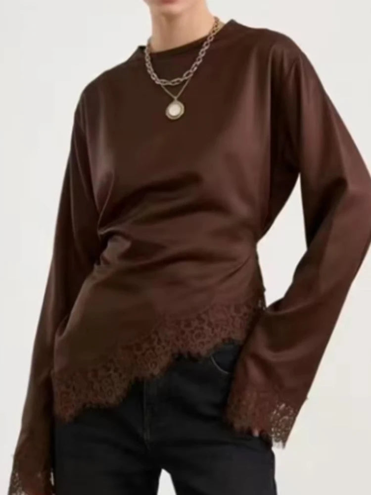 Elegant Satin Lace Patchwork Top Women Casual O-neck Loose Long Sleeves Strappy Female Shirt 2026 Spring Lady Fashion T-shirt