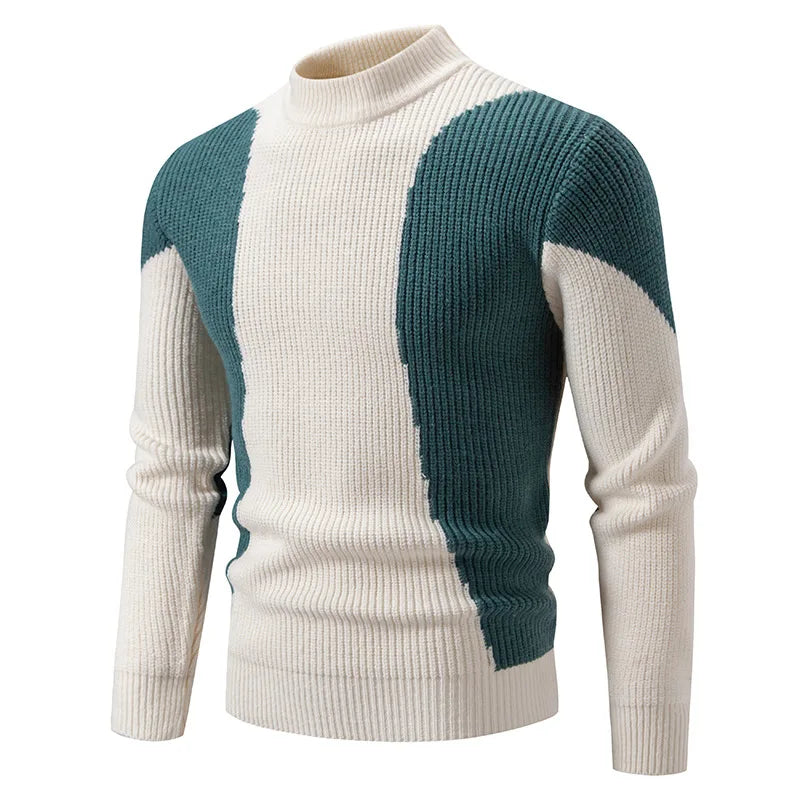 High Quality Men's New Autumn Winter Sweaters Casual Warm Mock Neck Pullovers Trend Color Blocking Design Men Sweaters Knit Tops