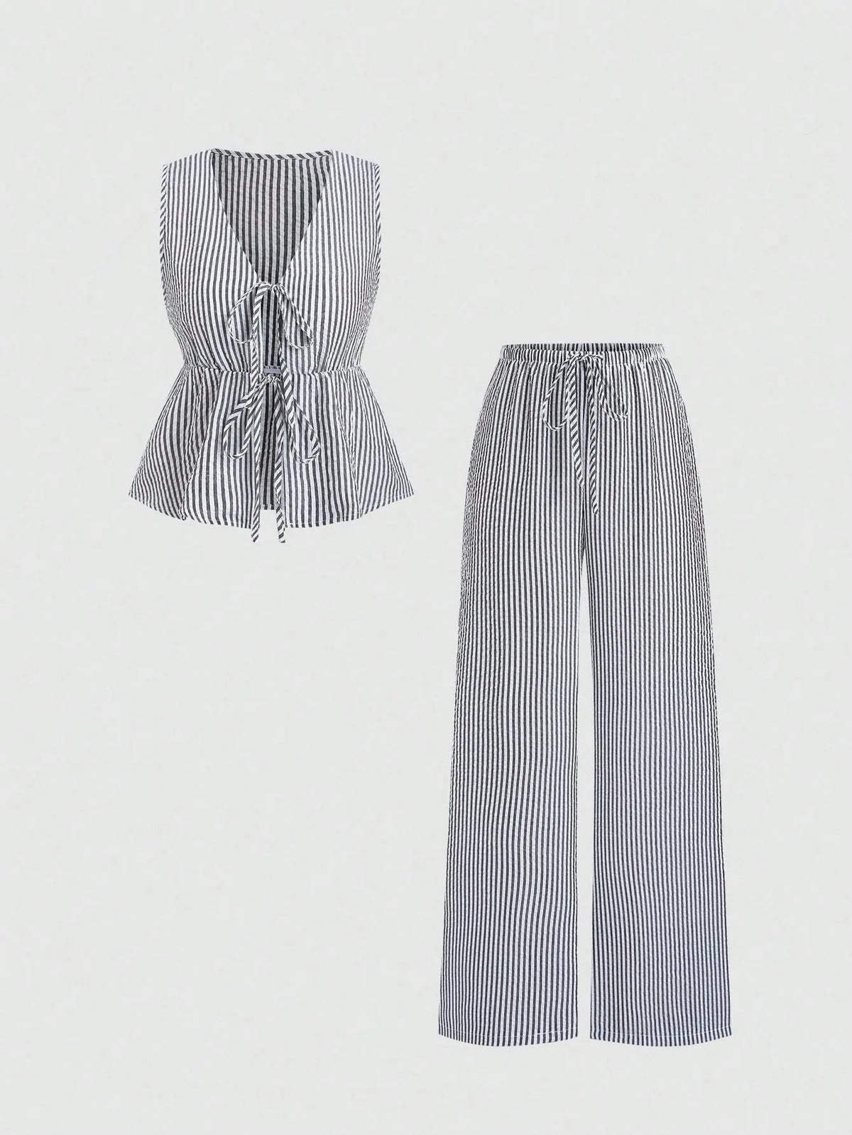 Striped New Two Piece Set Summer V Neck Lace Up Sleeveless Blouse High Waist Wide Leg Pants Sets  Casual Solid Women Sets