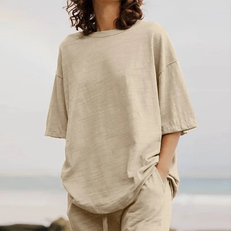 Fashion Women's 2-piece Set 2024 Summer Casual Pocket Set Half Sleeve O-Neck Top and Wide Leg Large Outline Pants Set