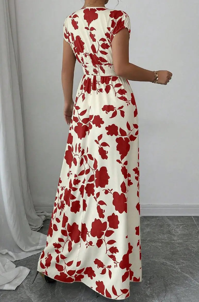 2026 Women's New Fashion Casual Daily Comfortable Elegant Lace-up Floral Print V-neck Short Sleeve Waist Women's Long Dress