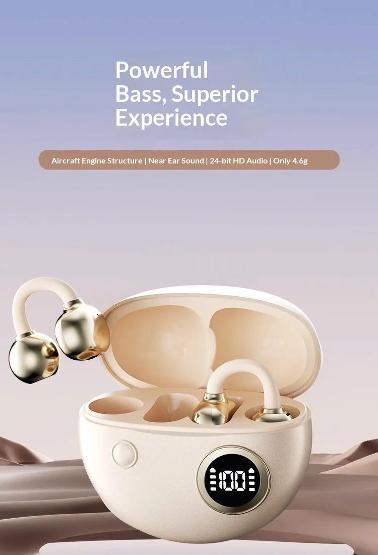 Clip-on Earphones Wireless Bluetooth Earbuds Hi-Fi Sound Super Long Battery Life Digital Display Noise Reduction Secure Fit