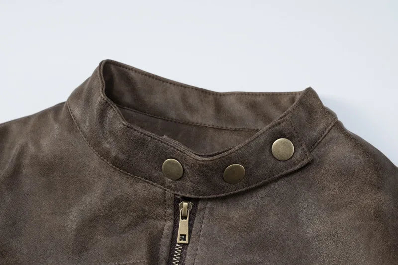 American Y2K Retro Distressed Brown Short Jacket 2026 Spring New Hot Girl Versatile Stand Collar PU Leather Jacket