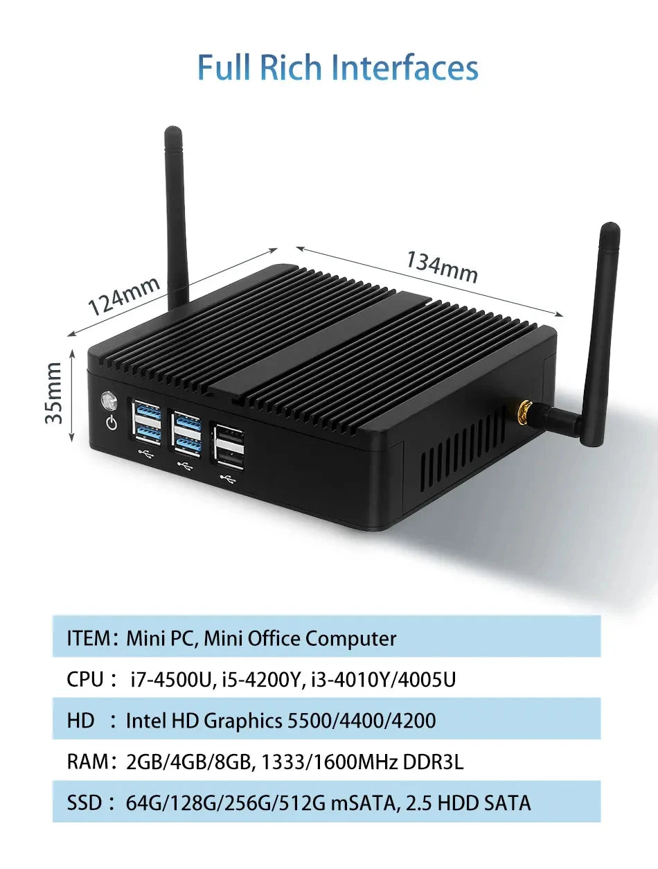 Intel Core I7-4500U I5-5200U I5-4200U Mini PC with 4xUSB3.0 4xUSB2.0 1xHDMI 1xVGA Support Pfsense Linux Computer Win10 Ready