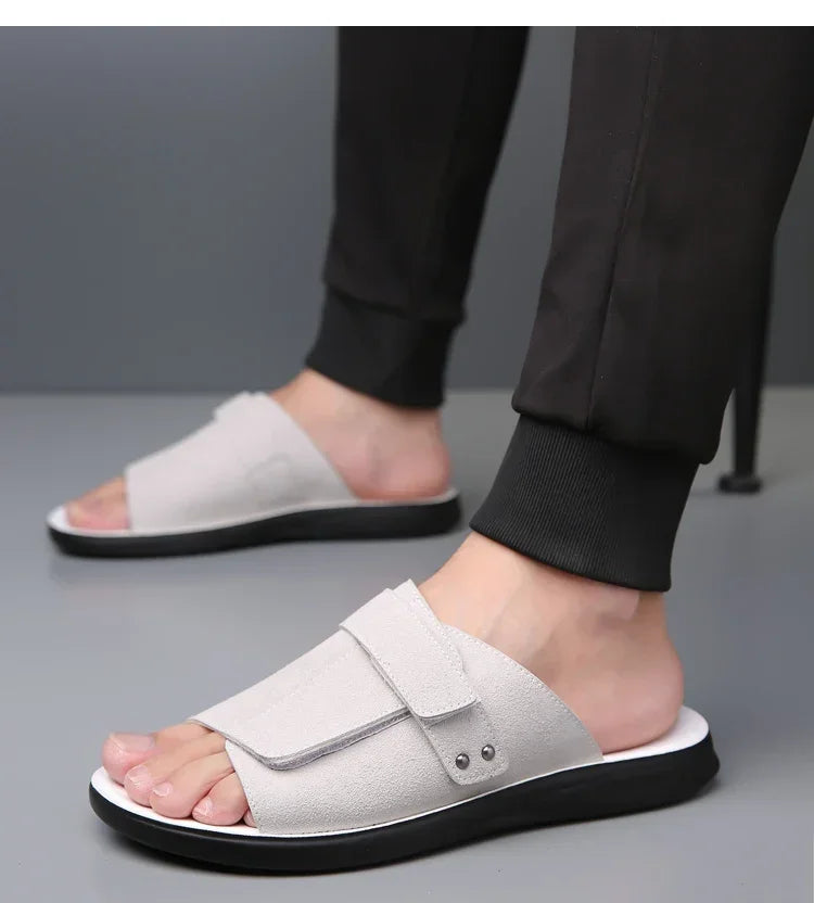New Men's Slip-On Sandals with Magic Tape Outdoor Anti-Slip Soft Bottom Flat Slippers Versatile Comfortable Summer Shoes-1102