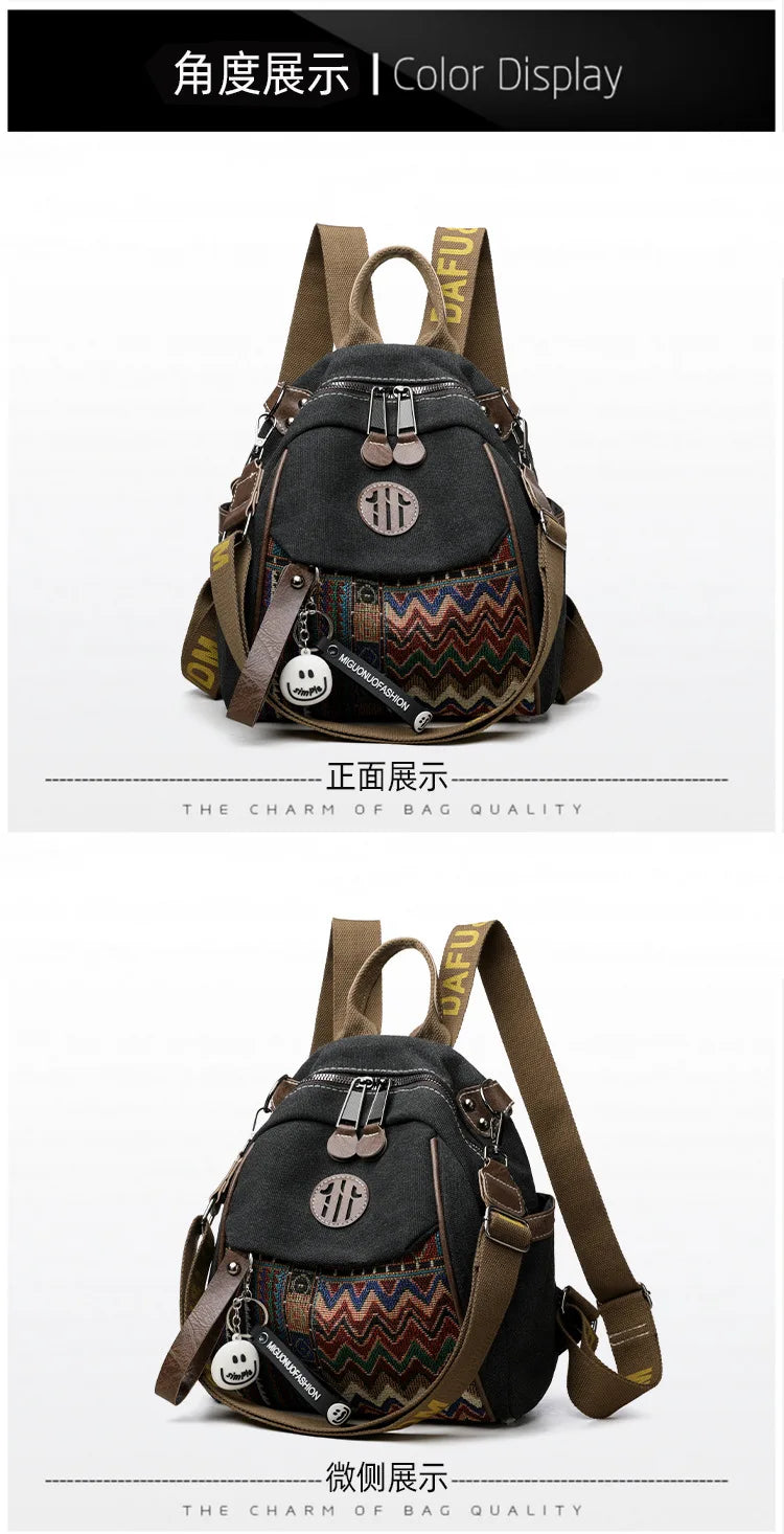 Denim ethnic style embroidered women's double shoulder bag, color-matched large capacity backpack, multi-purpose crossbody bag
